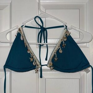 Teal Tie Up Bikini Top w/ Lace and Shell Accents- Size L